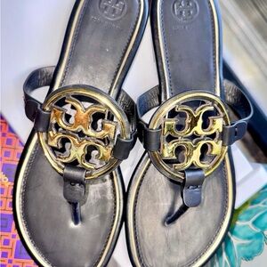 Tory Burch Metal Miller Sandals Perfect Black and Gold Size 8